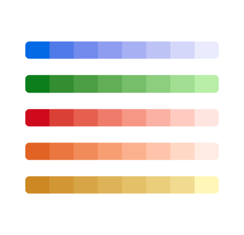 Sequential color palettes, gradiating values of blue, green, red, orange, and yellow.